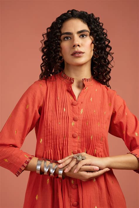Pleated Frill Neck Dress Iin Orange Gold Buti by Maati Crafts - maati ...