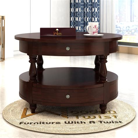 Buy Wooden Twist 2 Drawer Round Teak Wood Coffee Table ( Brown ) Online ...