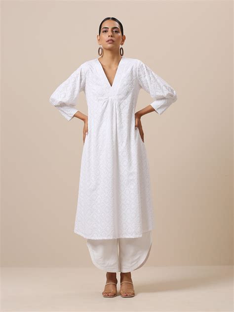 Cotton White Embroidered Slit Kurta Pant Set – trueBrowns
