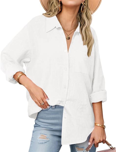 SMZ Womens Linen Button Down Shirts Long Sleeve Cotton Gauze Tops ...