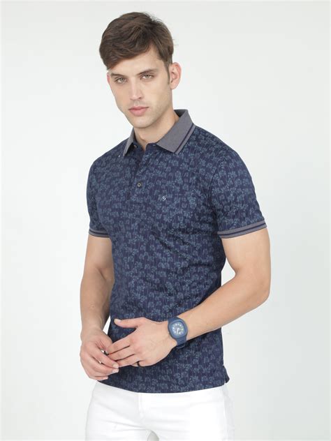 Classic Polo Mens Cotton Half Sleeves Floral Slim Fit Polo Neck Blue C