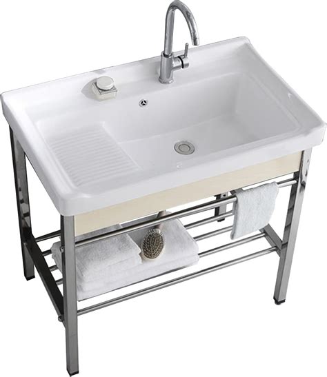 Ceramic Utility Sink with Washboard Set, Freestanding Laundry Utility ...