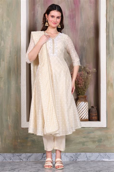 Buy Beige Foil Printed Sequinned A-Line Kurta, Pant and Stole Set ...