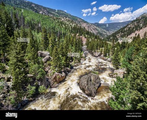 Cache la Poudre River below Poudre Falls - aerial view in early summer ...