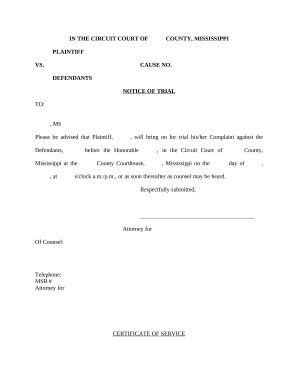 Mississippi Notice of Trial - Blank Fillable Template | Fill Out, Print ...