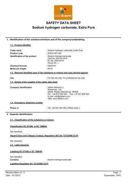 SAFETY DATA SHEET Sodium hydrogen carbonate, Extra ... - Labbox