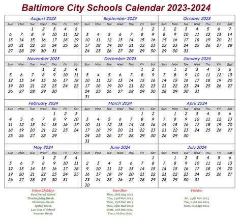Baltimore City Public School Calendar 2023-2024 With Holiday