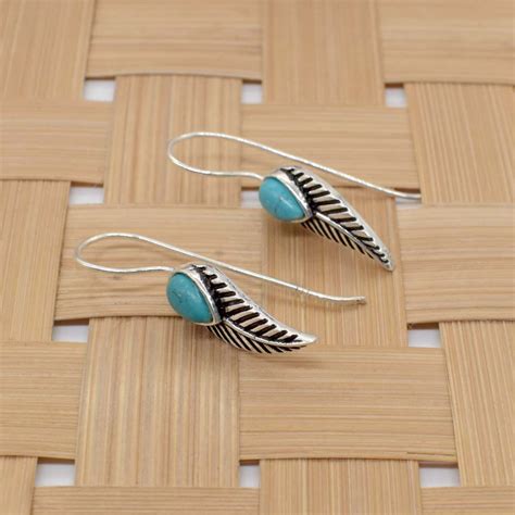 Tibetan Turquoise Gemstone Leaf Shape Silver Plated Jewelry Earring 1 ...