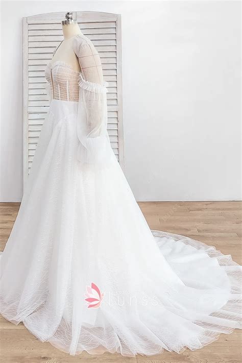 Sparkly Sexy Pleated Tulle Glitter White Wedding Dress - Lunss