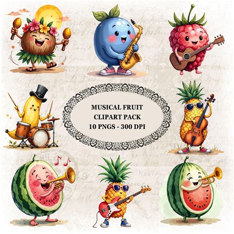 Musical Fruit Clipart Pack, Cute Fruits Playing Instruments, Drums ...