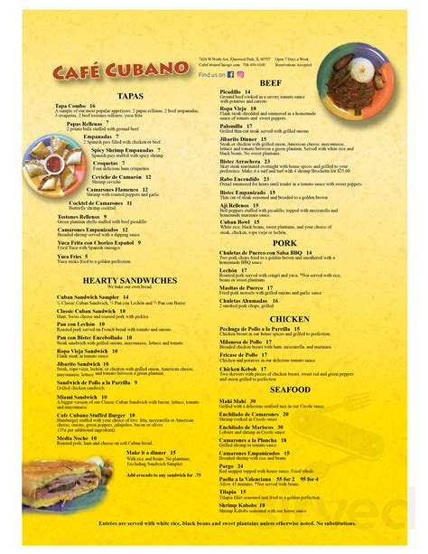 Cafe Cubano menu in Elmwood Park, Illinois, USA