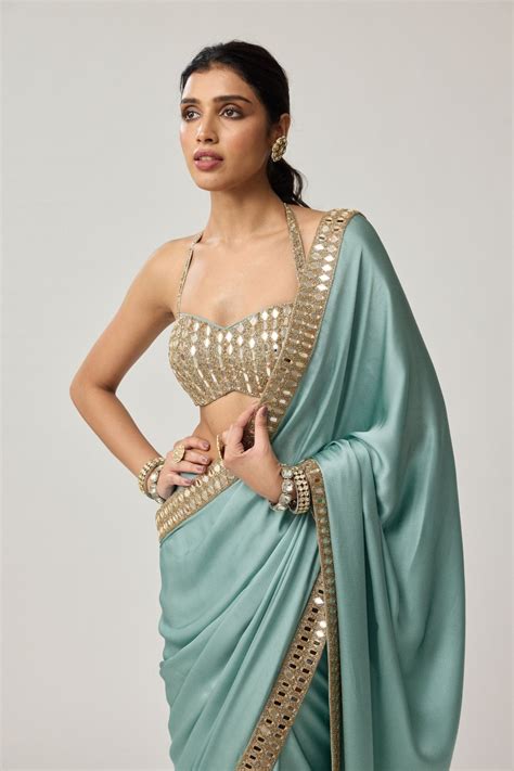 Vvani by Vani Vats - Powder Blue Mirror Saree Set - Elahe