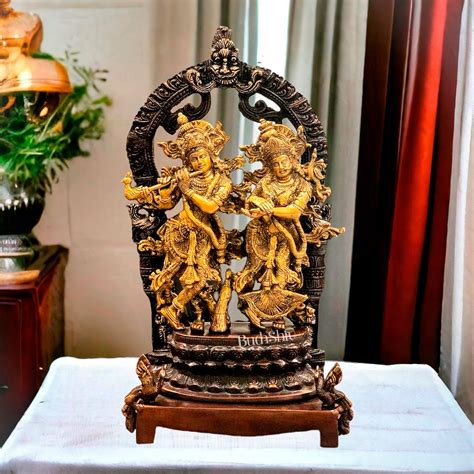 Buy Sacred 17.5-Inch Brass Radha Krishna Idol Pair with Peacock Adorned ...