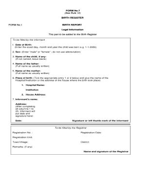 Fillable Online FORM No.7 (See Rule 12) BIRTH REGISTER FORM No.1 BIRTH ...