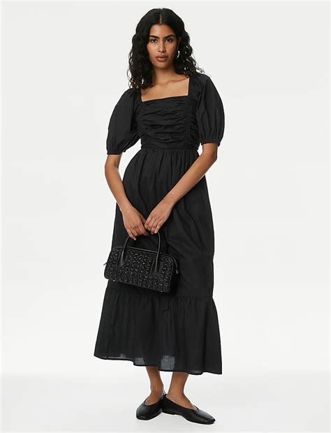 Buy Pure Cotton Square Neck Midi Waisted Dress at Marks & Spencer