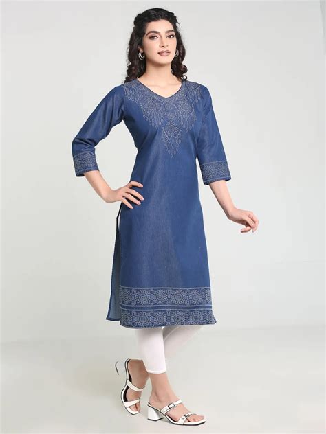 Denim Badhni Printed Kurta – Havva Fashion