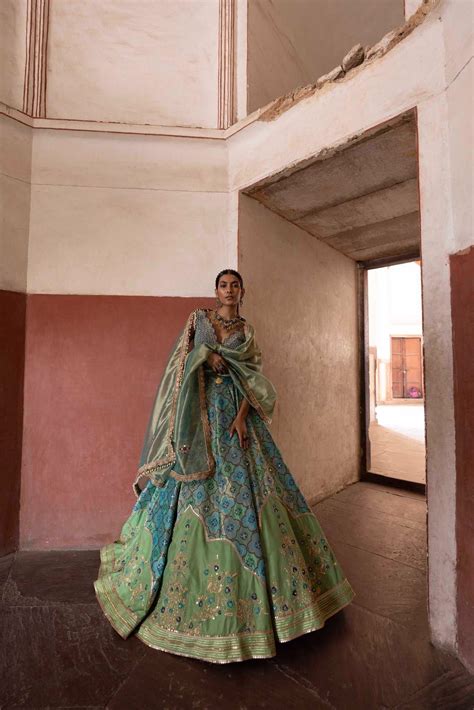Women's Green Woven Banarsi Jharoka Lehenga | Aditi Gupta