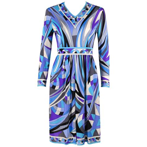 EMILIO PUCCI c.1960's Blue Signature Print V-neckline Long Sleeve Silk ...