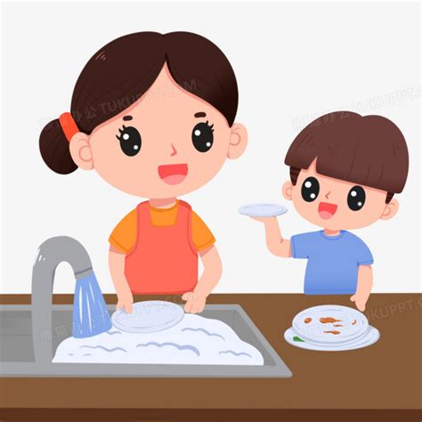 卡通手绘男孩帮妈妈洗碗免抠元素PNG图片素材下载_男孩PNG_熊猫办公
