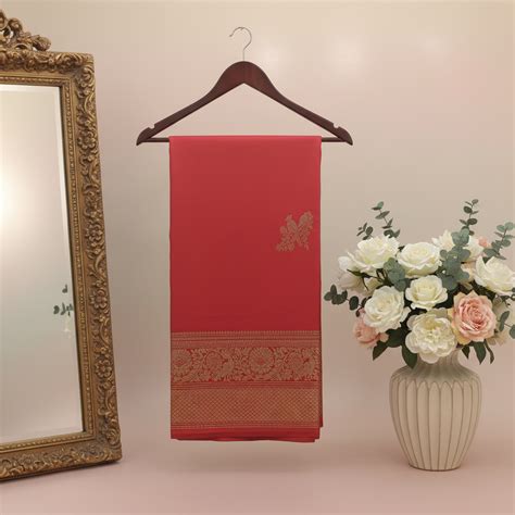 Coral Red Semi Silk Saree with Golden Zari Border | Kuberan Silks