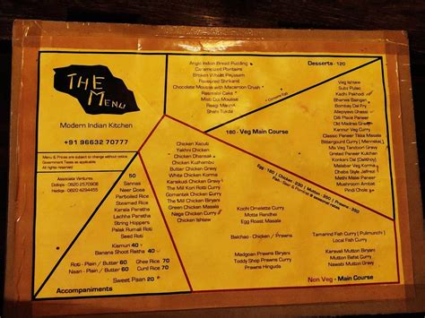 Menu at The Mill, Manipal