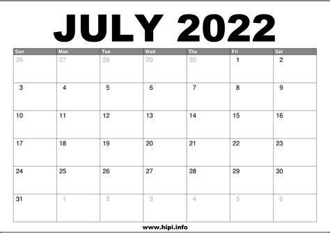 July 22 Printable Calendar