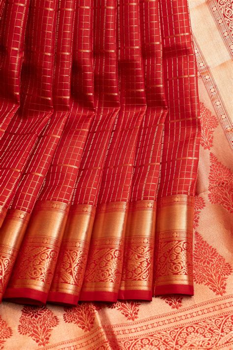 Red zari checks pure soft silk saree – Clio Silks
