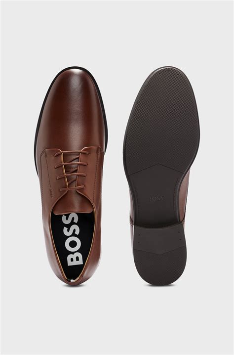 BOSS - Leather Derby shoes with signature trims - Brown