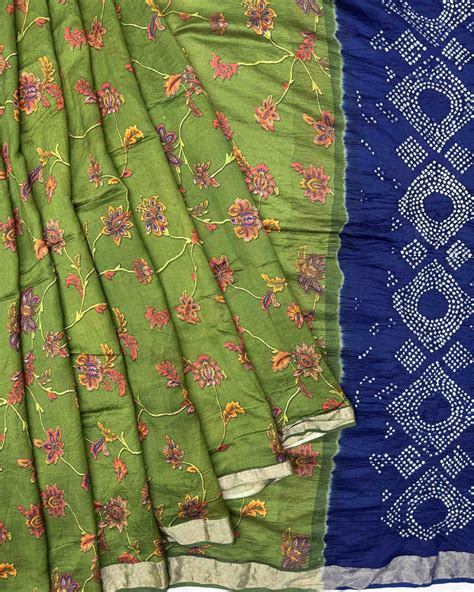 Blue & Green Flower Cotton Silk Pichhwai Bandhani Saree – SindhoiPatolaArt