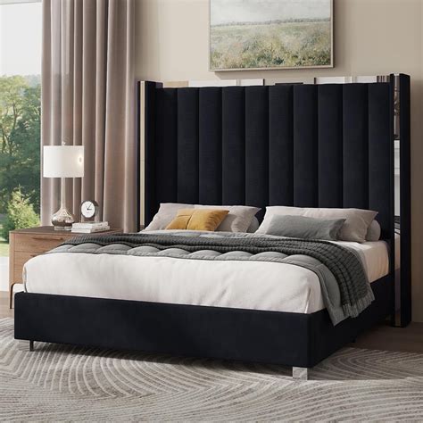 PLAUIN King Size Bed Frame with 58" tall Headboard, Velvet Upholstered ...