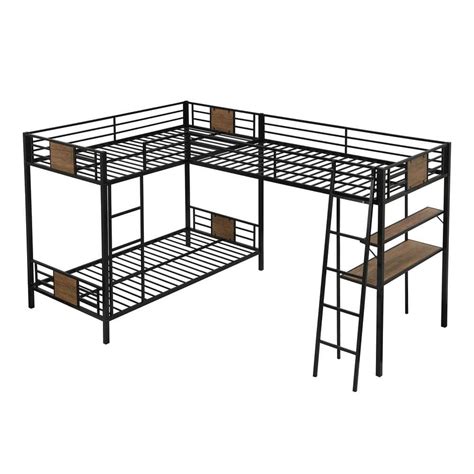 ANBAZAR Metal L-Shape Triple Bunk Bed, Twin Over Twin Bunk Bed Attached ...