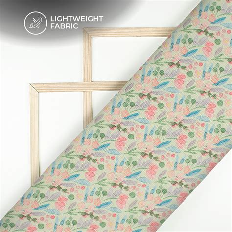Tea Green And Pink Floral Digital Print Kota Doria Fabric – Fabcurate