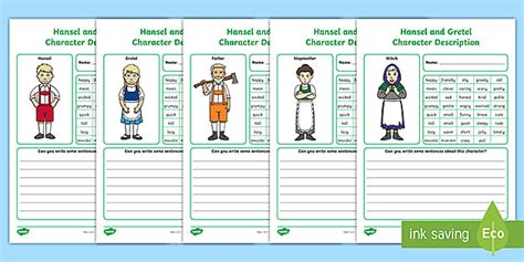 Hansel and Gretel Character Description Worksheets
