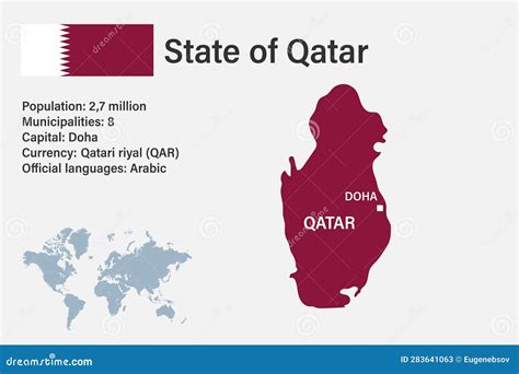 Highly Detailed Qatar Map with Flag, Capital and Small Map of the World Stock Vector ...