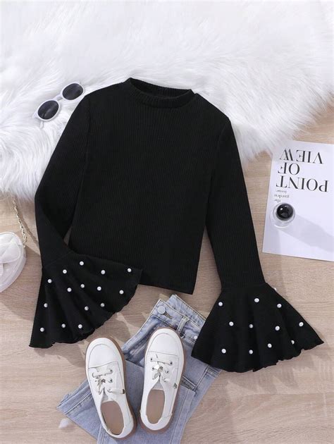 SHEIN Tween Girl Urban Elegant Round Neck Knitted Pearl Embellished ...