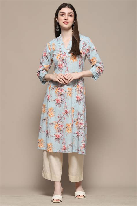 Buy Turquoise Blue Floral Printed Straight Kurta Online at Biba India