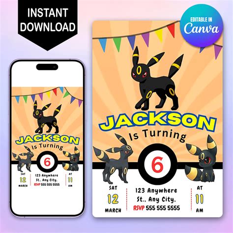 Umbreon Pokemon Birthday Party Invitation Template – CreativeRino