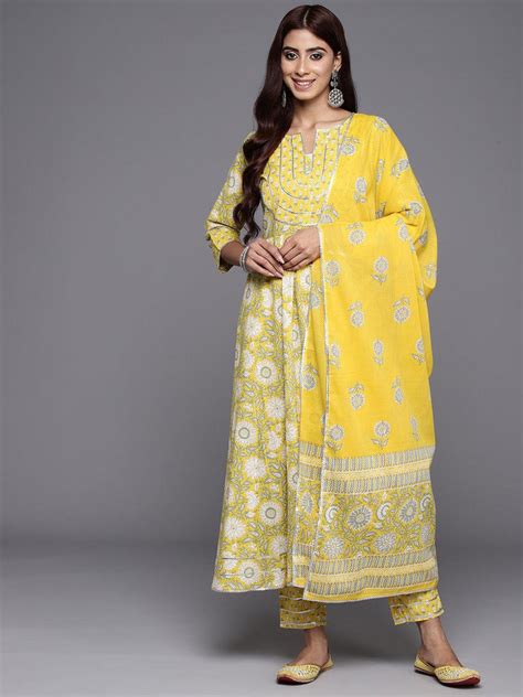 Buy Yellow Yoke Design Cotton Anarkali Kurta With Trousers & Dupatta ...