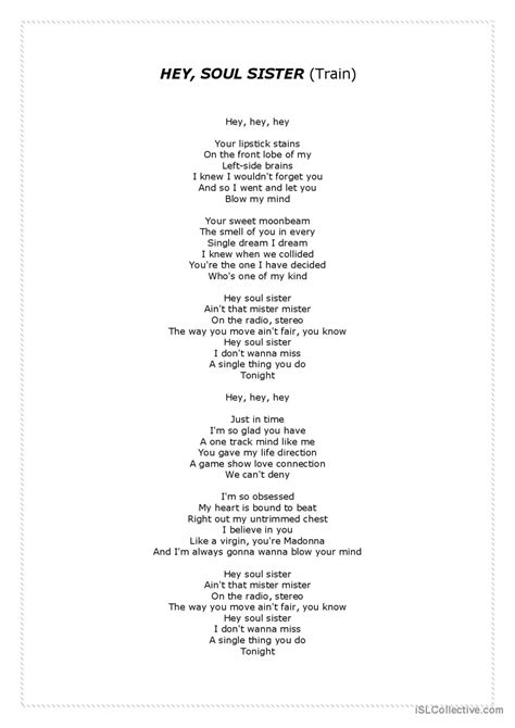 Song: Hey, Soul Sister ( by Train) s…: English ESL worksheets pdf & doc