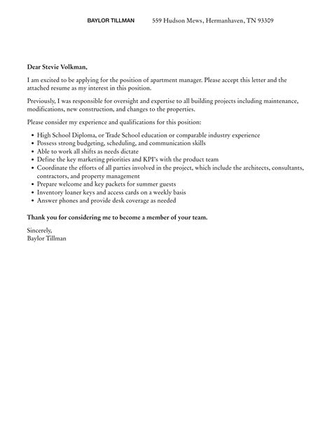 Apartment Manager Cover Letter | Velvet Jobs