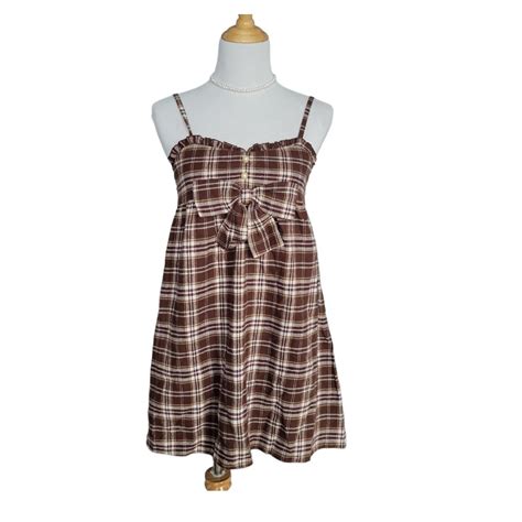 brand new liz lisa brown plaid dress with bow... - Depop