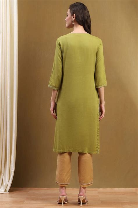 Green Solid Regular Fit Straight Kurta at Biba India