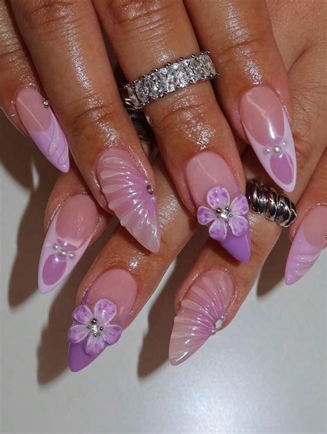 1 Box 24pcs Elegant Floral Press-On Nails, Pearl, Ribbed, Contrast ...