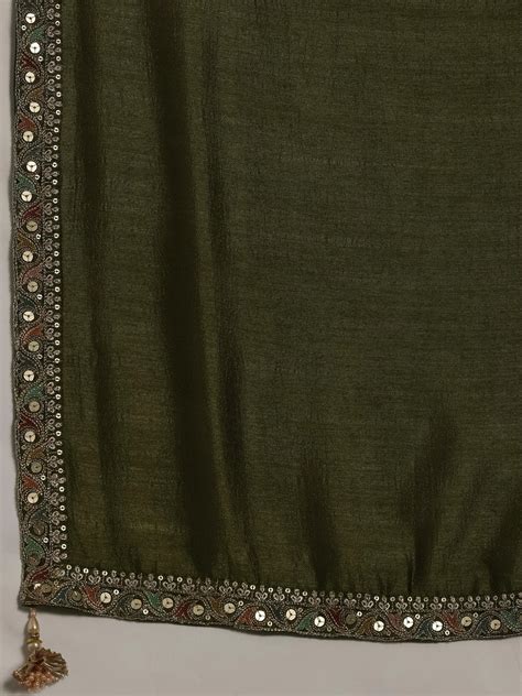 Buy Adaa Olive Embroidered Silk Blend Straight Kurta With Palazzos ...