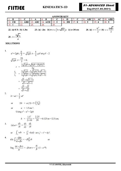 FIITJEE PH116 Kinematics-1D Advanced Sheet Answer Key - Studocu