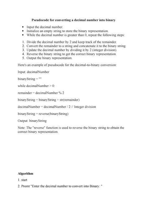 Pseudocode for converting a decimal number into binary and Finding ...