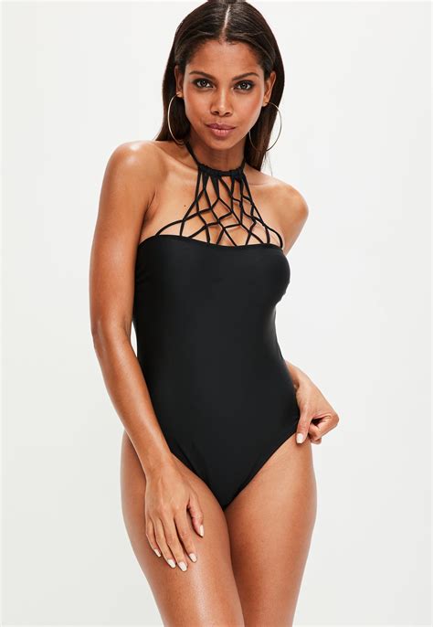 Lyst - Missguided Black Strappy High Neck Swimsuit in Black