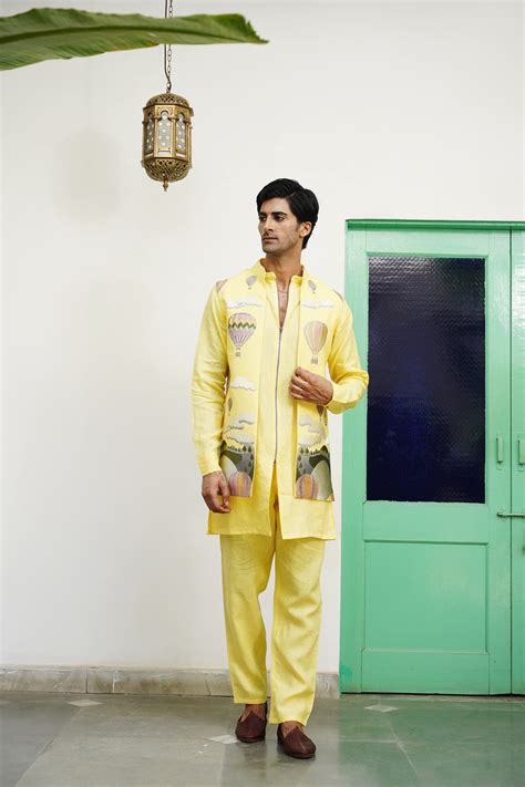 Yash Yellow Linen Front Open Long Jacket Set – Kalpraag