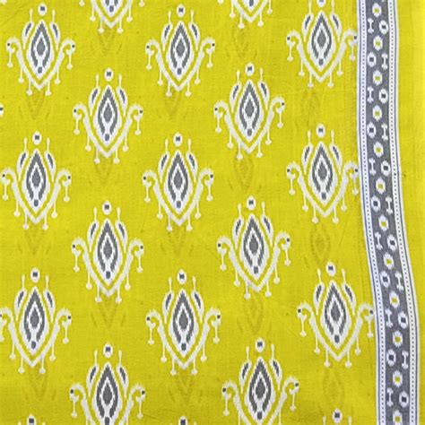 Pure Cotton Chartreuse With Grey Flower Motif And Border Screen Print ...