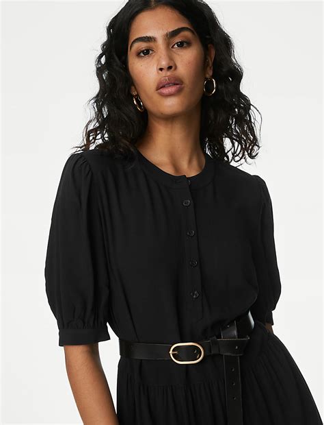 Buy Round Neck Button Front Midi Tiered Dress at Marks & Spencer